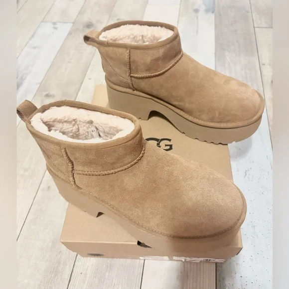 NWT UGG Classic Ultra Mini New Heights Boots Chestnut Platform Heel 9 BRAND NEW - Picture 4 of 11